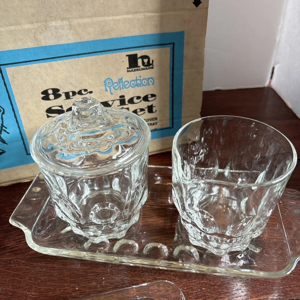 Vintage Hazelware 8 pc. Crystal Table Set In Box S&P, Cream, Sugar, Butter, Tray